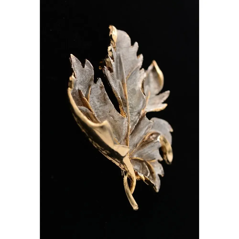 Vintage Leaf Pin Brooch Dark Silver Gold Textured Heavy Chunky 1980s BinAP
